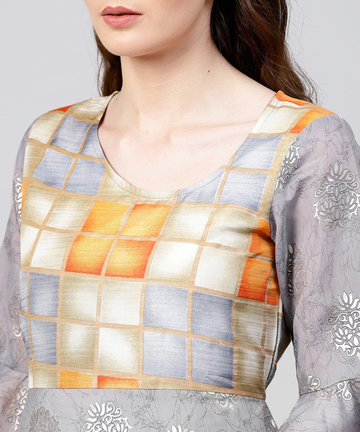 Grey Banglori Printed 3/4Th Sleeve Cotton Anarkali Kurta | LASVINI - Redefining Indian Fashion with Elegance