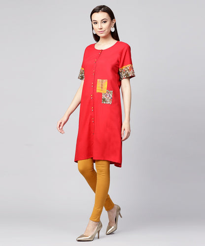 Maroon Half Slevee Cotton Front Open Kurta With Pocket On Left Side | LASVINI - Redefining Indian Fashion with Elegance