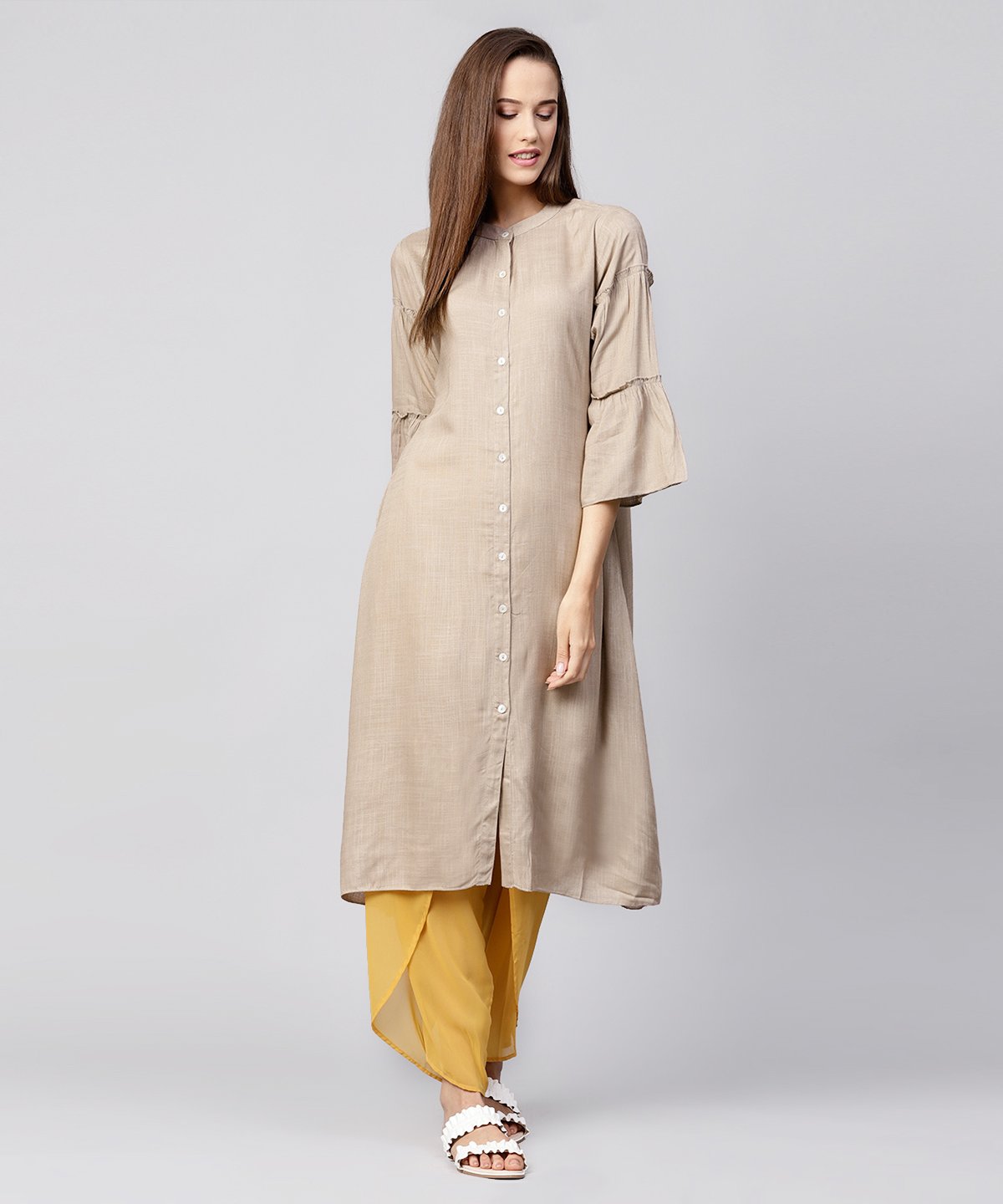 Solid Grey 3/4Th Sleeve Cotton A-Line Kurta | LASVINI - Redefining Indian Fashion with Elegance