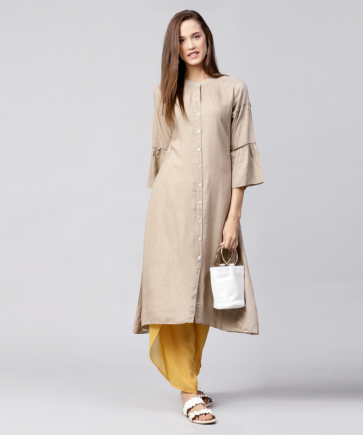 Solid Grey 3/4Th Sleeve Cotton A-Line Kurta | LASVINI - Redefining Indian Fashion with Elegance