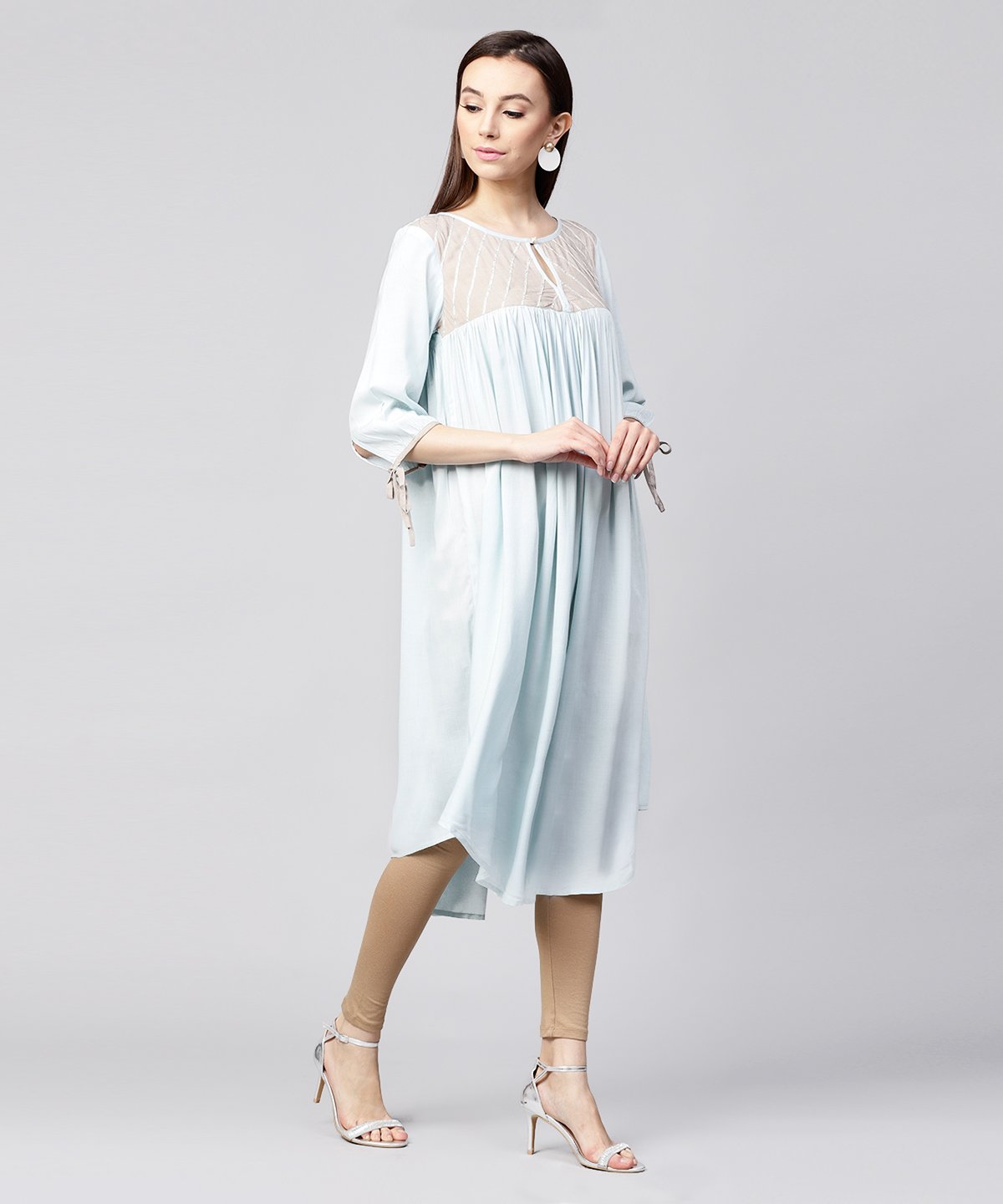 Blue 3/4Th Sleeve Rayon Low High A-Line Kurta | LASVINI - Redefining Indian Fashion with Elegance