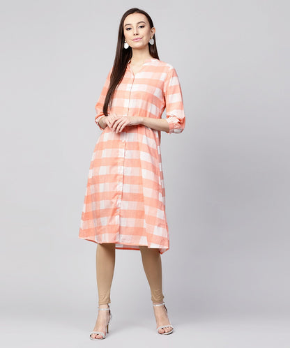 Peach Checked 3/4Th Sleeve Cotton Front Open A-Line Kurta | LASVINI - Redefining Indian Fashion with Elegance