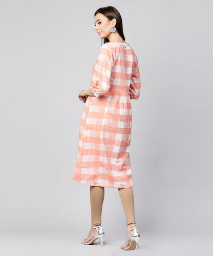 Peach Checked 3/4Th Sleeve Cotton Front Open A-Line Kurta | LASVINI - Redefining Indian Fashion with Elegance