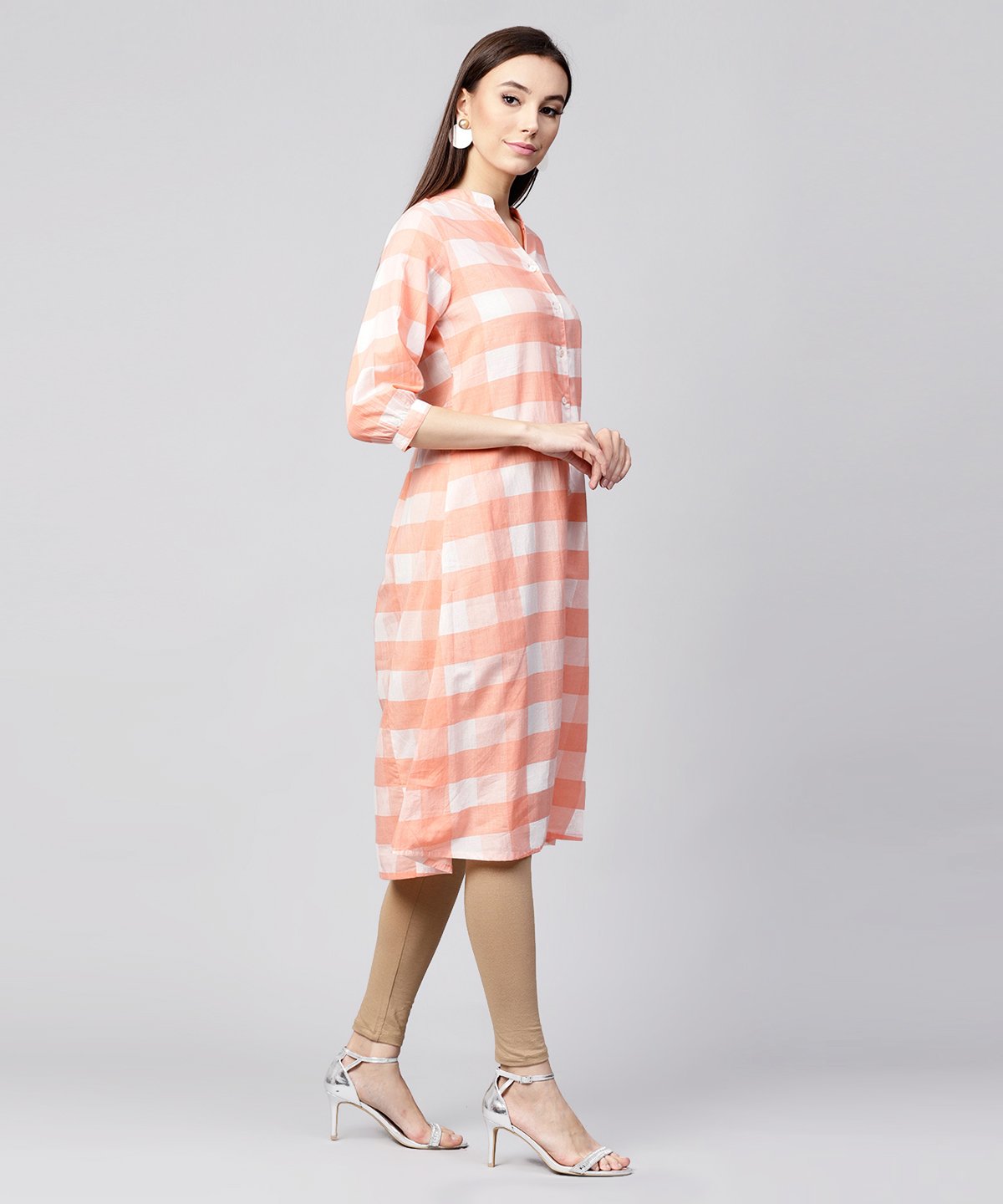 Peach Checked 3/4Th Sleeve Cotton Front Open A-Line Kurta | LASVINI - Redefining Indian Fashion with Elegance