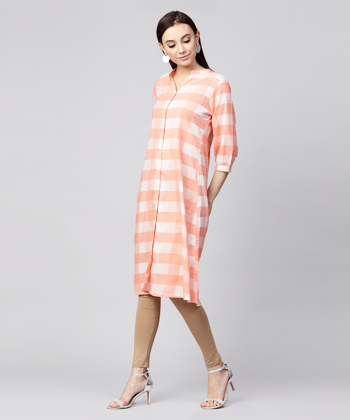 Peach Checked 3/4Th Sleeve Cotton Front Open A-Line Kurta | LASVINI - Redefining Indian Fashion with Elegance