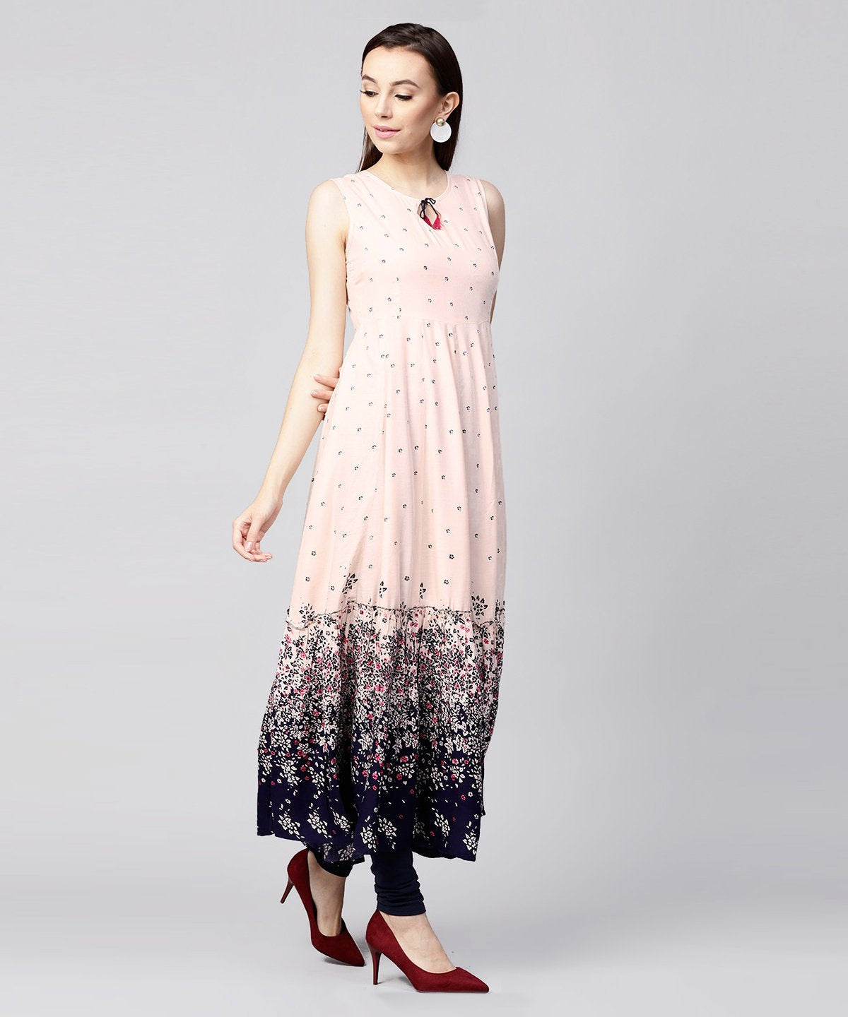 Off White Printed Sleeveless Rayon Anarkali Kurta | LASVINI - Redefining Indian Fashion with Elegance