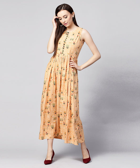 Yellow Printed Sleeveless Rayon A-Line Maxi Dress With Button  In Yokr | LASVINI - Redefining Indian Fashion with Elegance