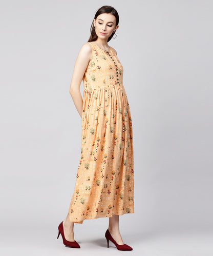 Yellow Printed Sleeveless Rayon A-Line Maxi Dress With Button  In Yokr | LASVINI - Redefining Indian Fashion with Elegance