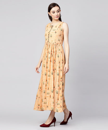 Yellow Printed Sleeveless Rayon A-Line Maxi Dress With Button  In Yokr | LASVINI - Redefining Indian Fashion with Elegance