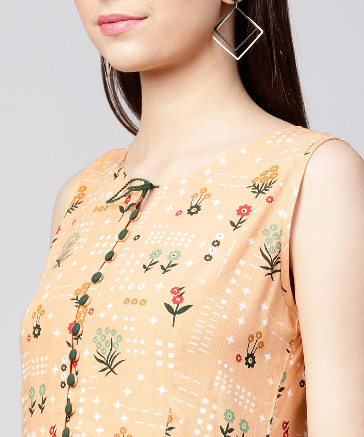 Yellow Printed Sleeveless Rayon A-Line Maxi Dress With Button  In Yokr | LASVINI - Redefining Indian Fashion with Elegance
