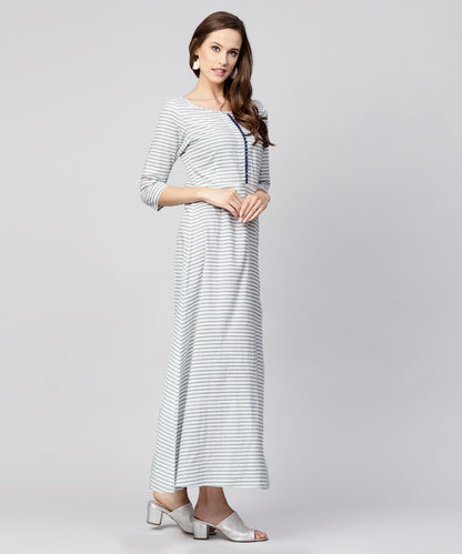 Blue Striped 3/4Th Sleeve Cotton A-Line Maxi Dress | LASVINI - Redefining Indian Fashion with Elegance