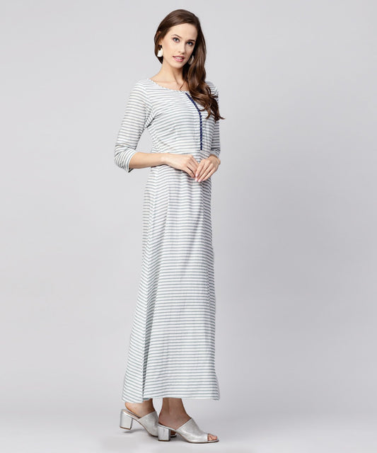 Blue Striped 3/4Th Sleeve Cotton A-Line Maxi Dress | LASVINI - Redefining Indian Fashion with Elegance