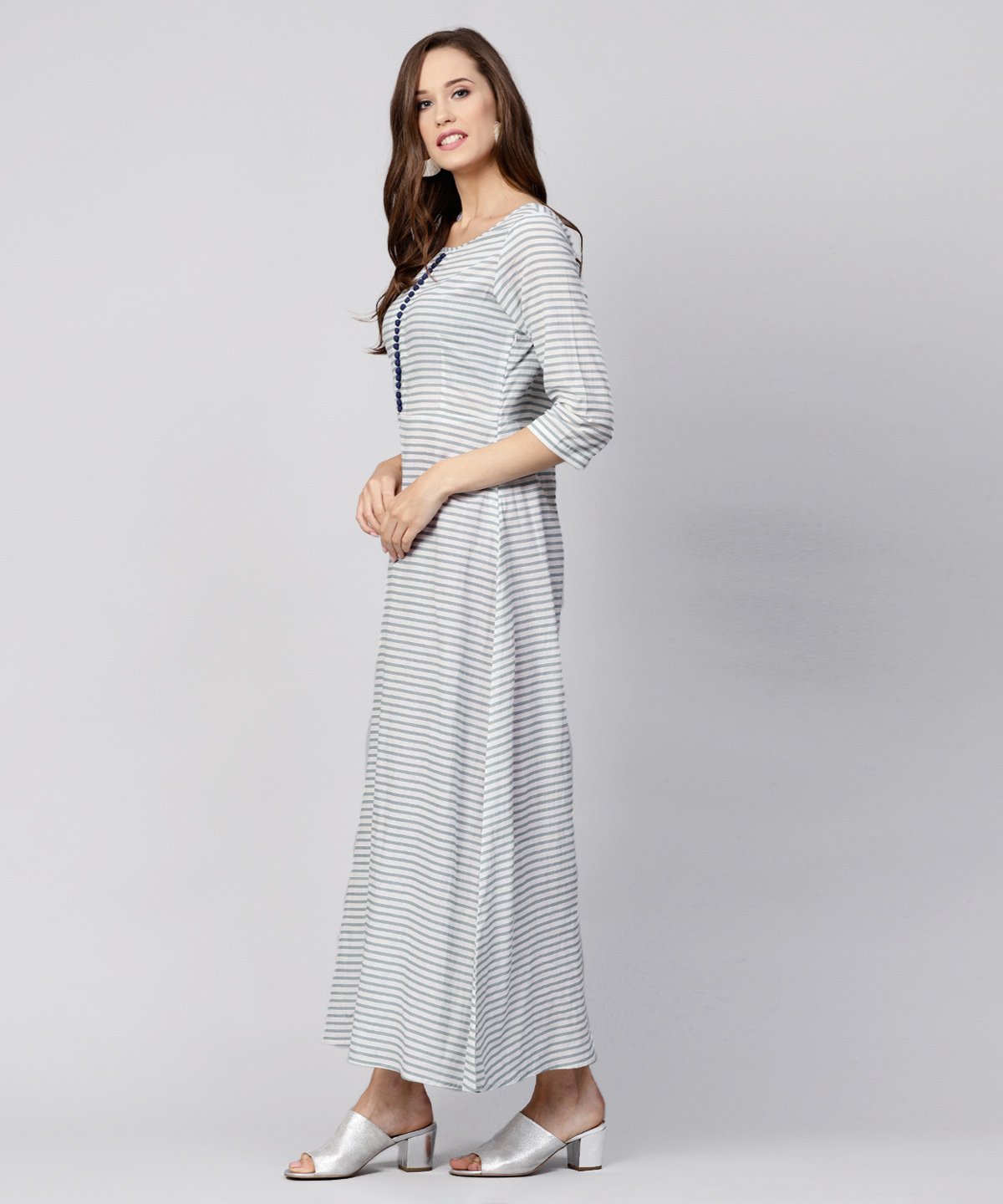 Blue Striped 3/4Th Sleeve Cotton A-Line Maxi Dress | LASVINI - Redefining Indian Fashion with Elegance