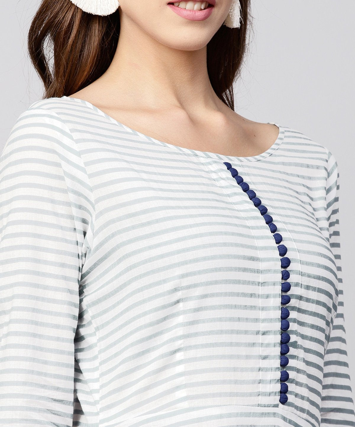 Blue Striped 3/4Th Sleeve Cotton A-Line Maxi Dress | LASVINI - Redefining Indian Fashion with Elegance