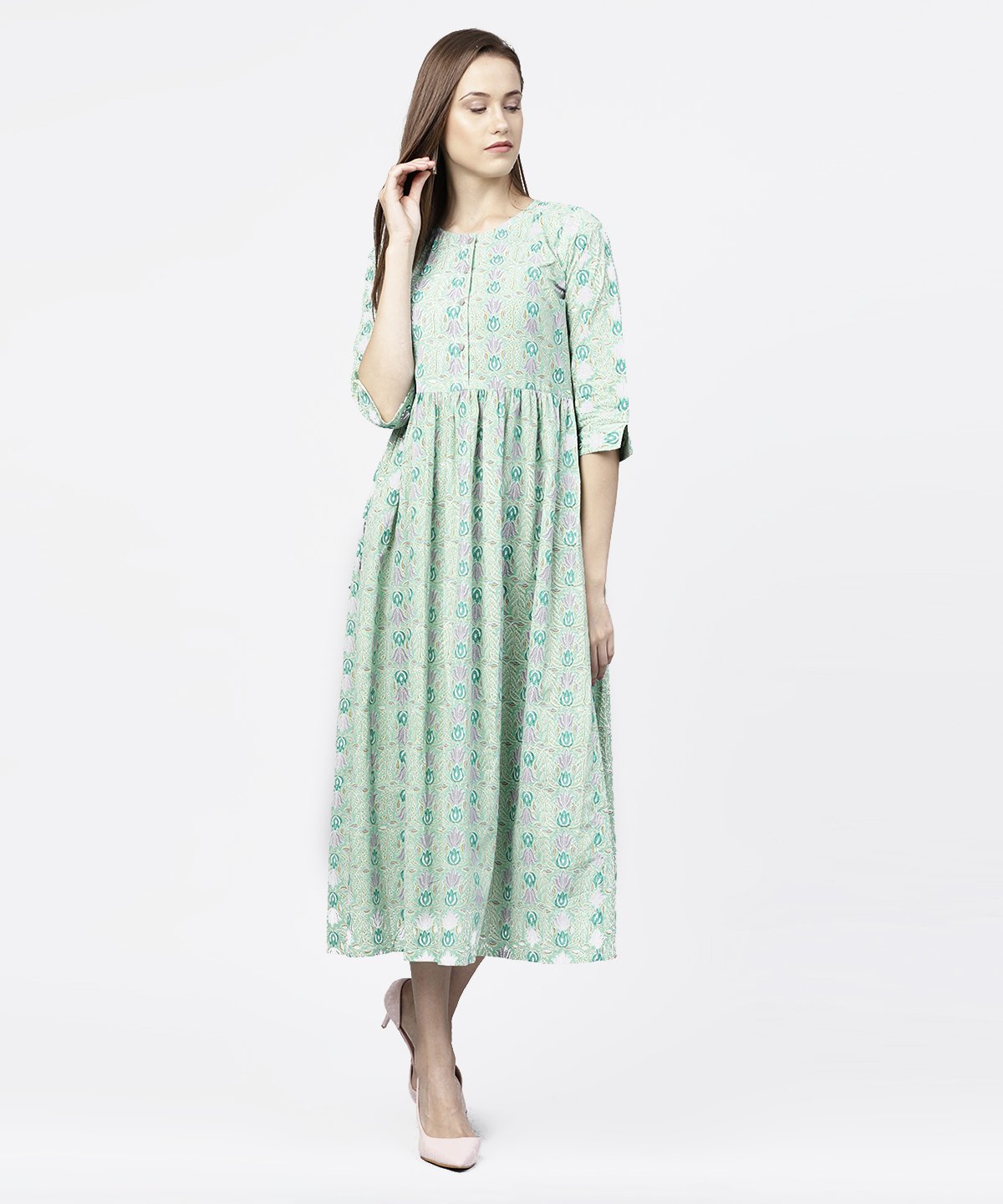 Green Printed Half Sleeve A-Line Maxi Dress | LASVINI - Redefining Indian Fashion with Elegance