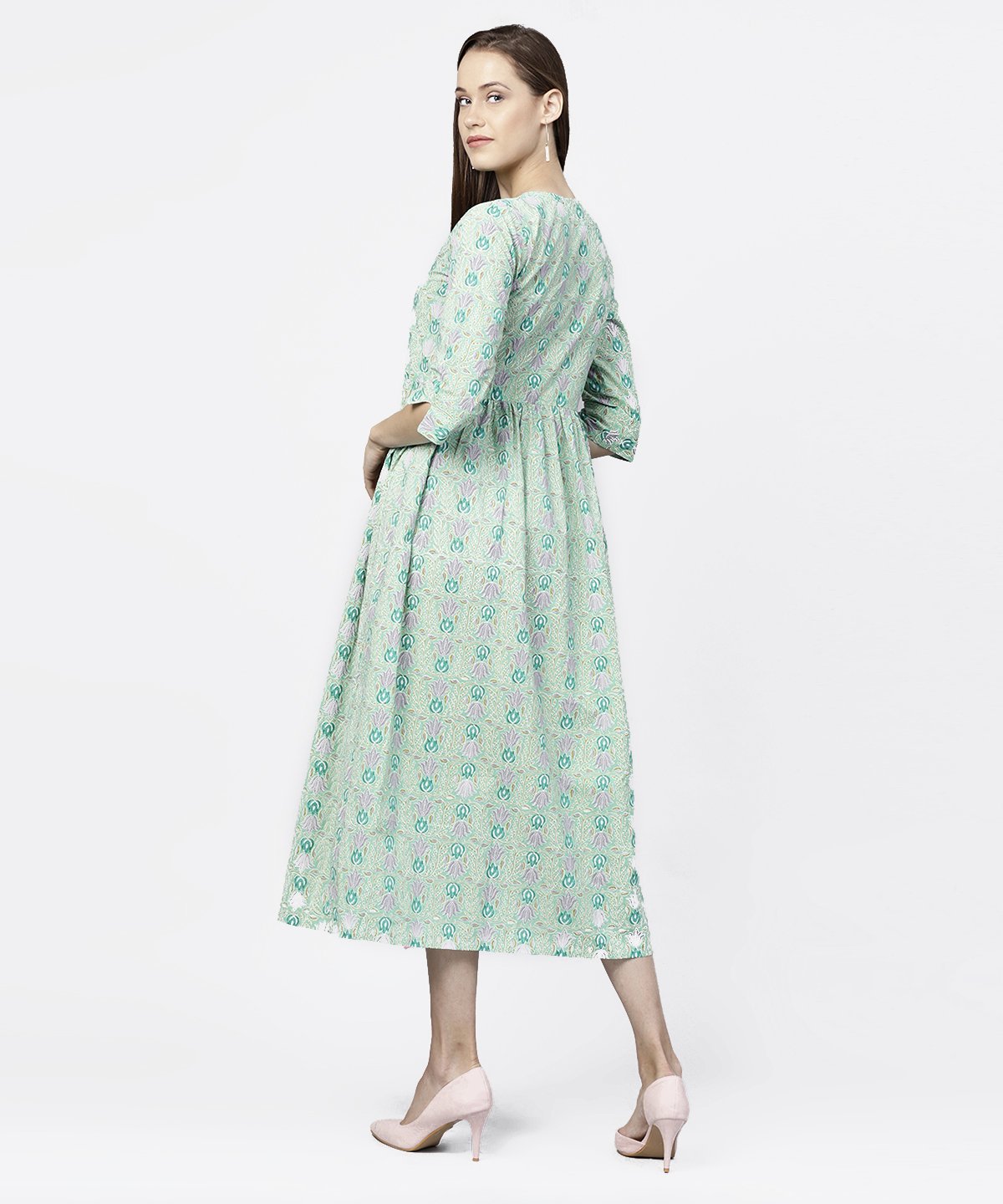 Green Printed Half Sleeve A-Line Maxi Dress | LASVINI - Redefining Indian Fashion with Elegance