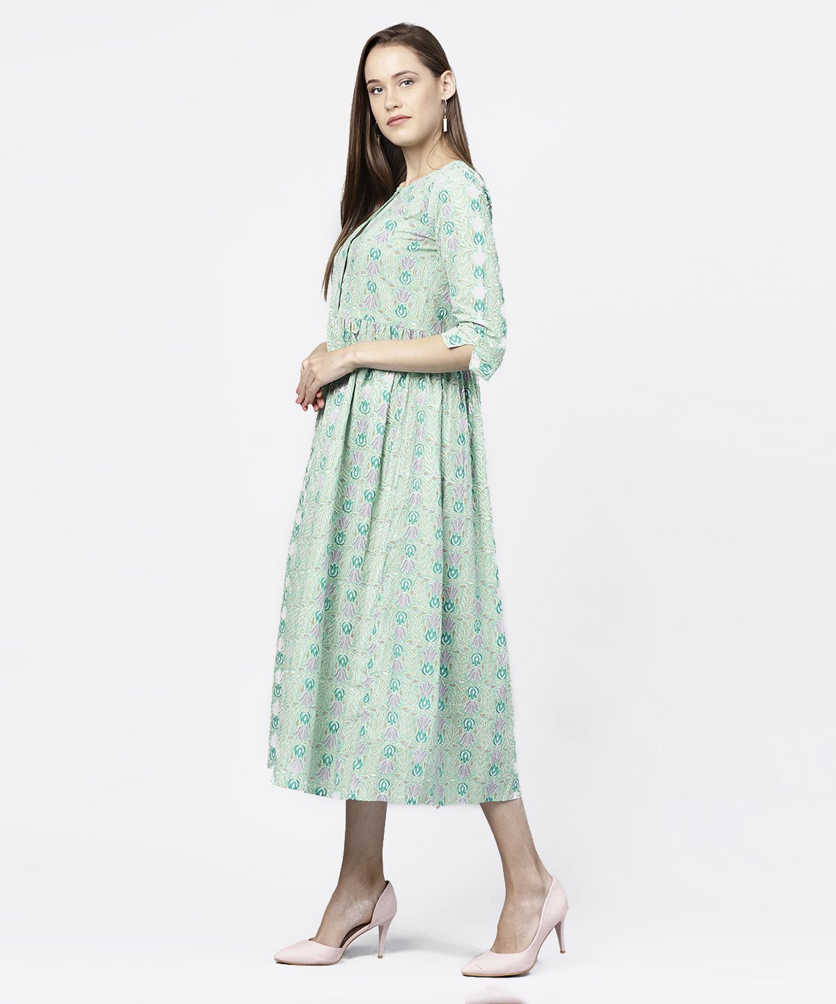 Green Printed Half Sleeve A-Line Maxi Dress | LASVINI - Redefining Indian Fashion with Elegance