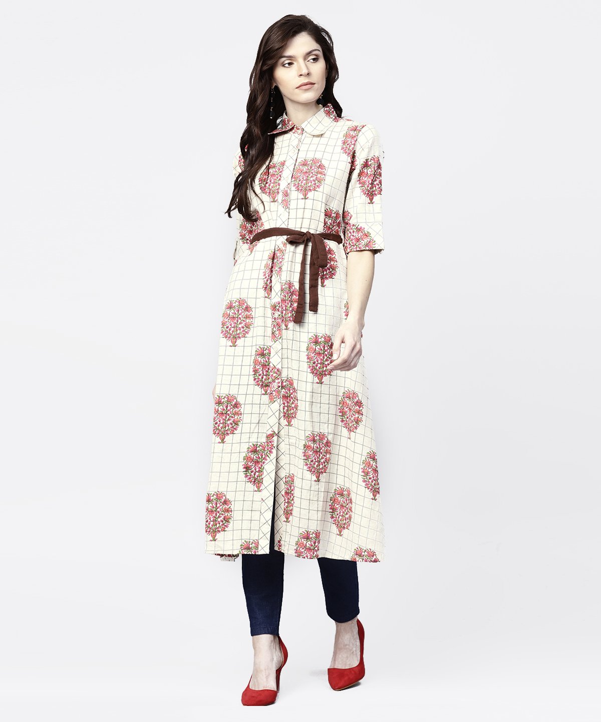 White Check Printed Half Sleeve Front Open Tunic With Belt | LASVINI - Redefining Indian Fashion with Elegance
