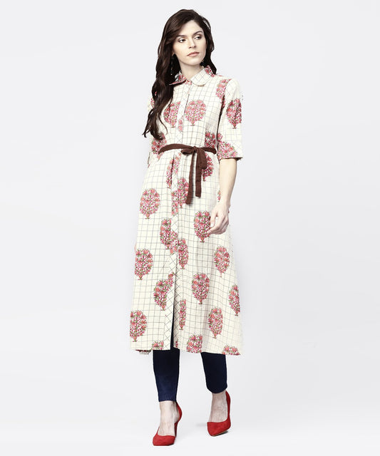 White Check Printed Half Sleeve Front Open Tunic With Belt | LASVINI - Redefining Indian Fashion with Elegance