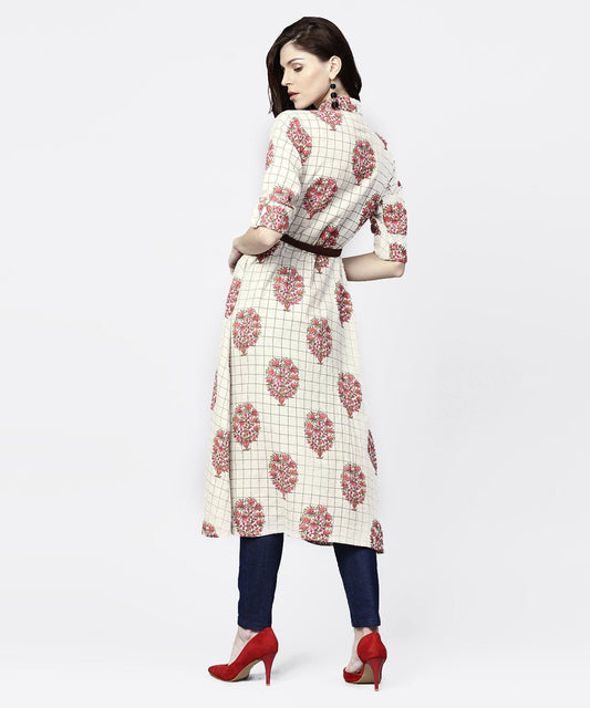 White Check Printed Half Sleeve Front Open Tunic With Belt | LASVINI - Redefining Indian Fashion with Elegance