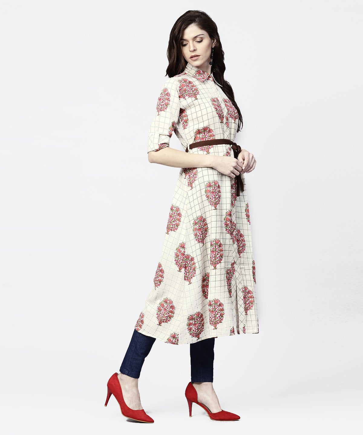 White Check Printed Half Sleeve Front Open Tunic With Belt | LASVINI - Redefining Indian Fashion with Elegance