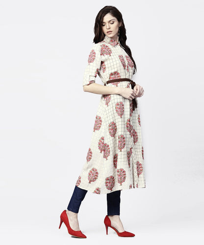 White Check Printed Half Sleeve Front Open Tunic With Belt | LASVINI - Redefining Indian Fashion with Elegance