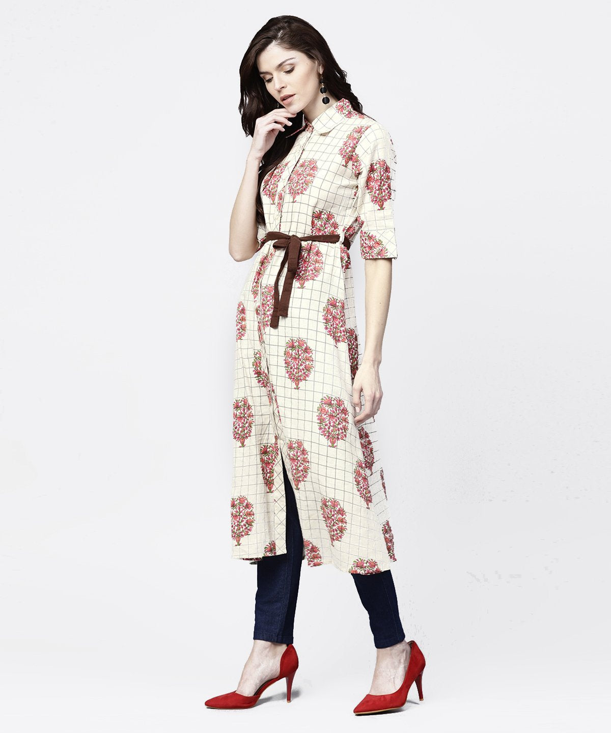 White Check Printed Half Sleeve Front Open Tunic With Belt | LASVINI - Redefining Indian Fashion with Elegance