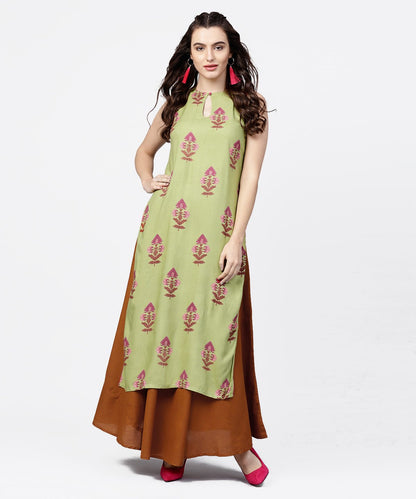 Green Printed Boat Neck Sleeveless Cotton Kurta Solid Skirt | LASVINI - Redefining Indian Fashion with Elegance
