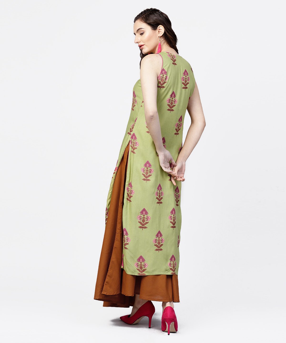 Green Printed Boat Neck Sleeveless Cotton Kurta Solid Skirt | LASVINI - Redefining Indian Fashion with Elegance