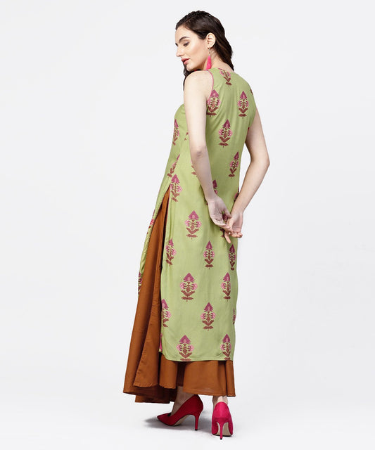 Green Printed Boat Neck Sleeveless Cotton Kurta Solid Skirt | LASVINI - Redefining Indian Fashion with Elegance