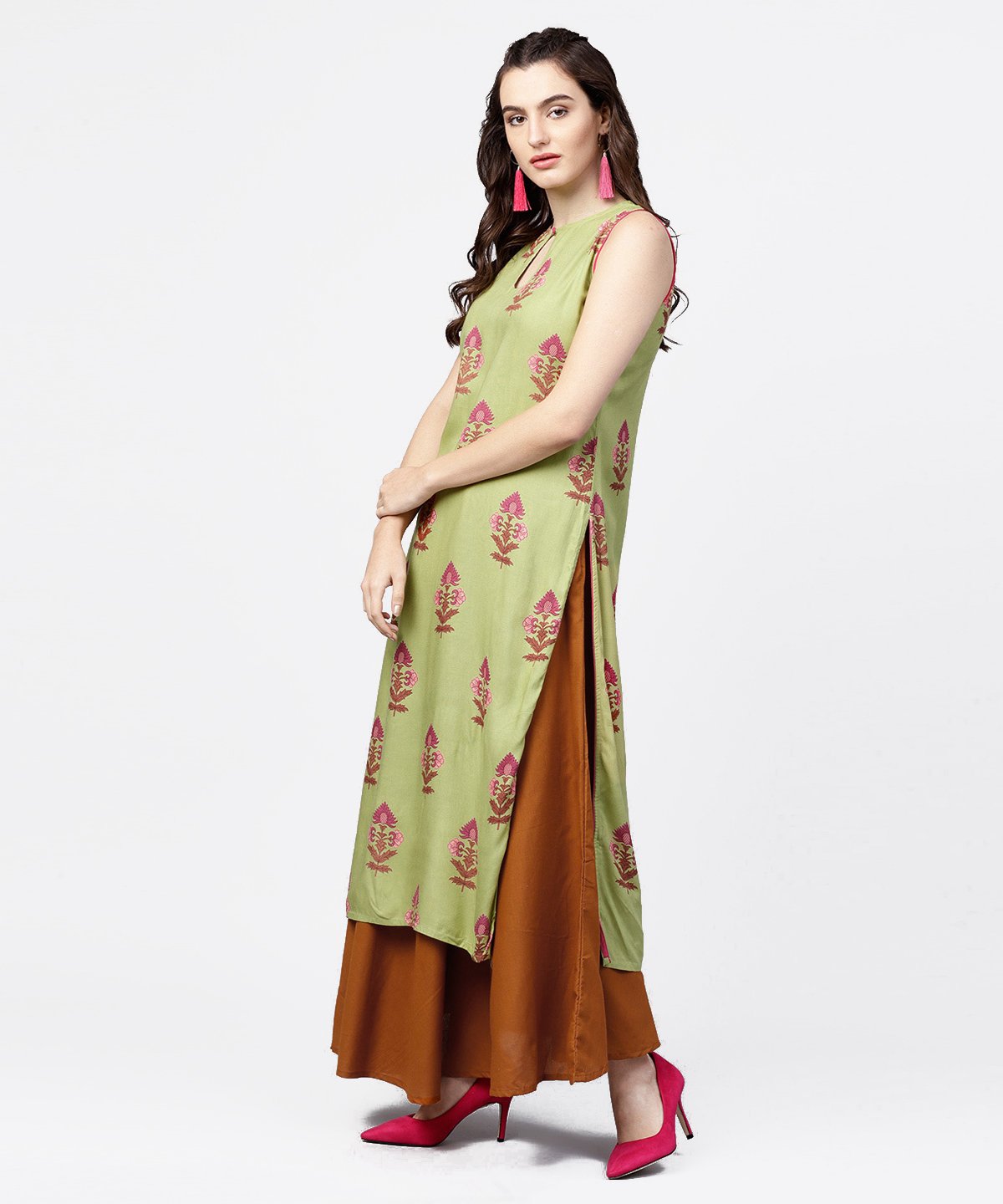 Green Printed Boat Neck Sleeveless Cotton Kurta Solid Skirt | LASVINI - Redefining Indian Fashion with Elegance