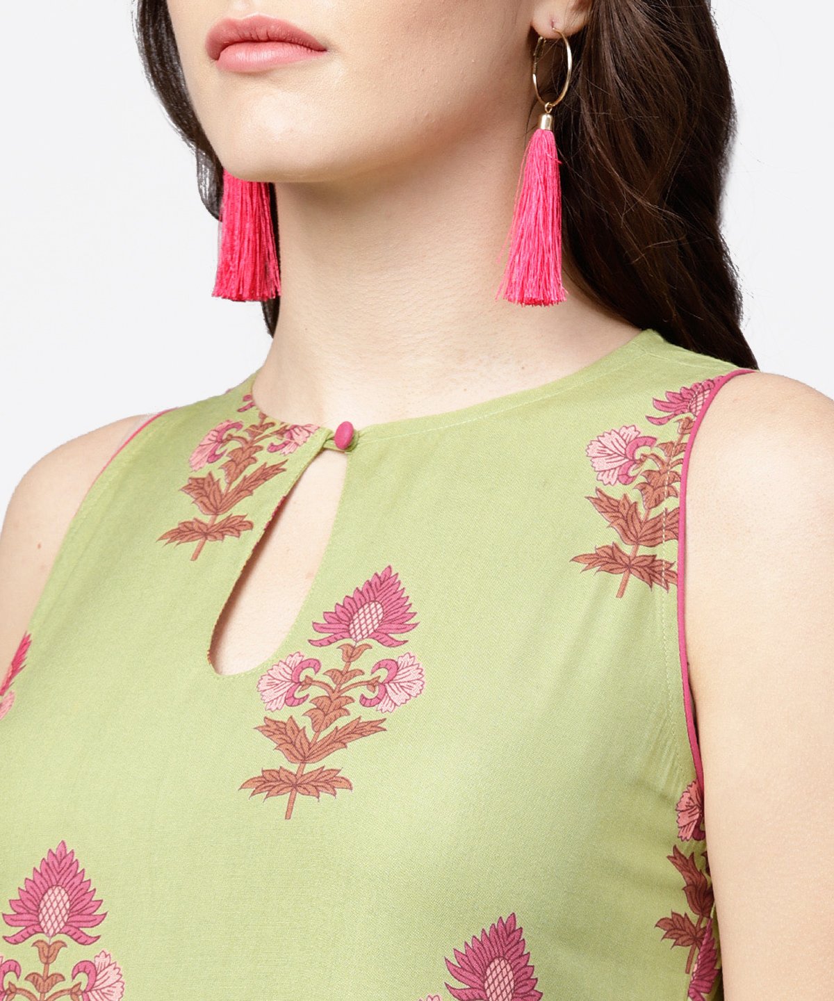 Green Printed Boat Neck Sleeveless Cotton Kurta Solid Skirt | LASVINI - Redefining Indian Fashion with Elegance