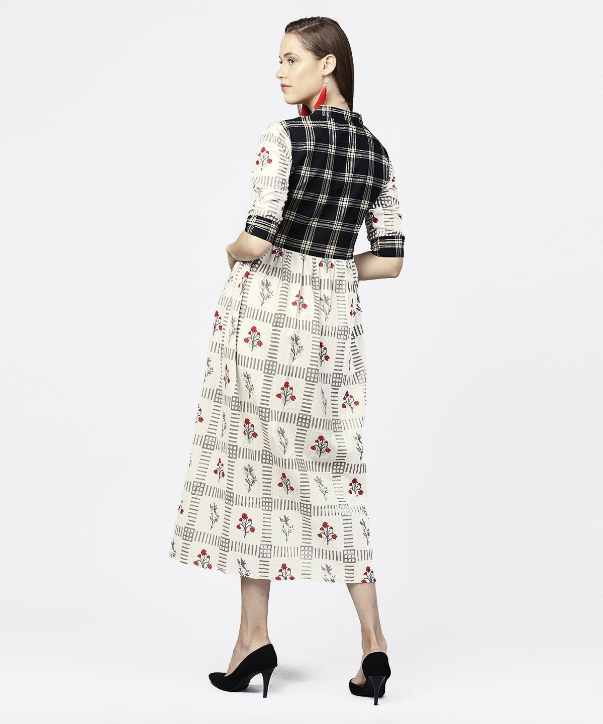 Off White Printed Half Sleeve A-Line Maxi Dress | LASVINI - Redefining Indian Fashion with Elegance