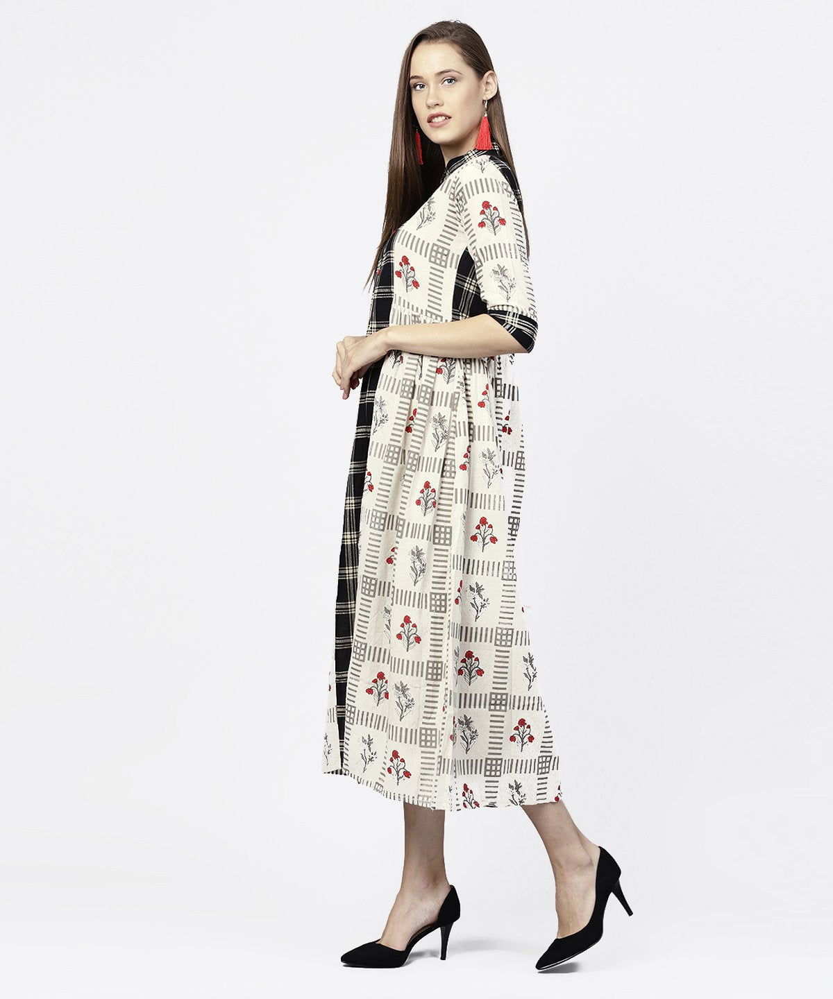 Off White Printed Half Sleeve A-Line Maxi Dress | LASVINI - Redefining Indian Fashion with Elegance