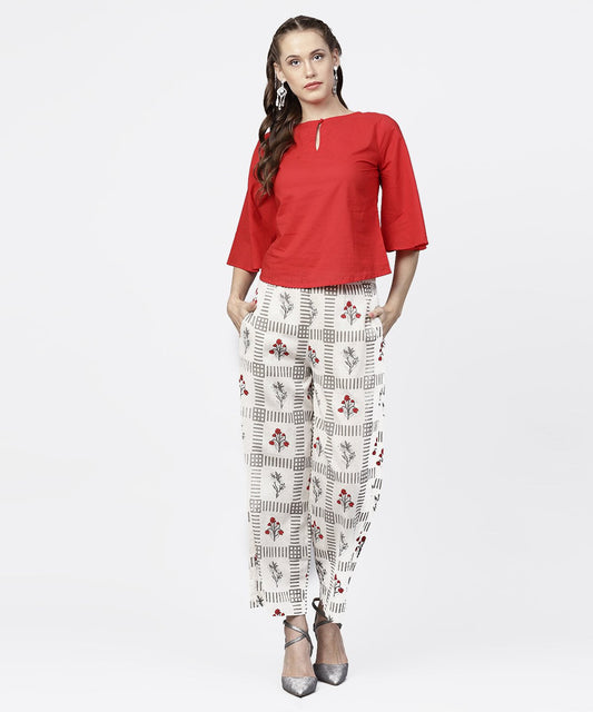 Red 3/4Th Sleeve Tops With Off White Printed Palazzo | LASVINI - Redefining Indian Fashion with Elegance