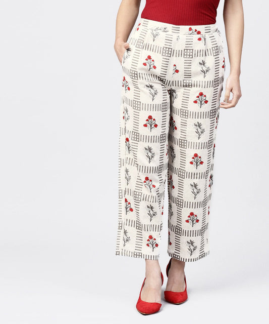 Off White Printed Ankle Length Regular Fit Pallazo | LASVINI - Redefining Indian Fashion with Elegance