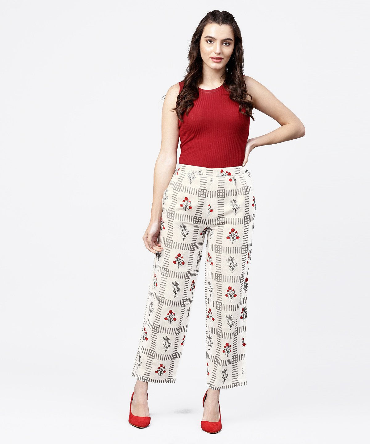 Off White Printed Ankle Length Regular Fit Pallazo | LASVINI - Redefining Indian Fashion with Elegance