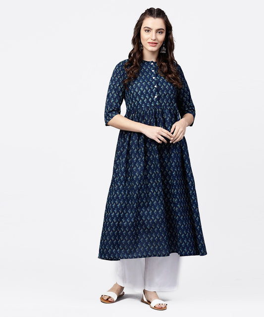 Blue Printed Gathered A-Line Kurta With White Palazzo | LASVINI - Redefining Indian Fashion with Elegance
