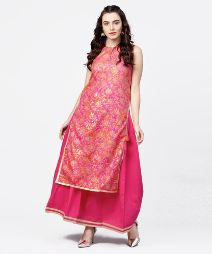 Pink Printed Boat Neck Sleeveless Kurta With A Solid Dye Skirt | LASVINI - Redefining Indian Fashion with Elegance