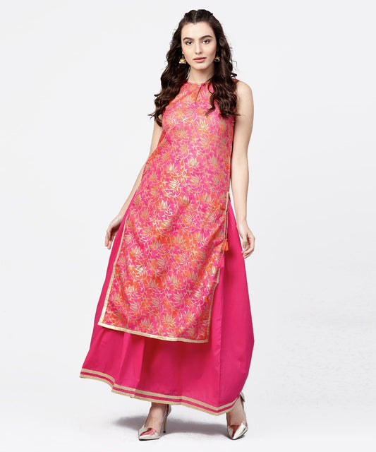 Pink Printed Boat Neck Sleeveless Kurta With A Solid Dye Skirt | LASVINI - Redefining Indian Fashion with Elegance