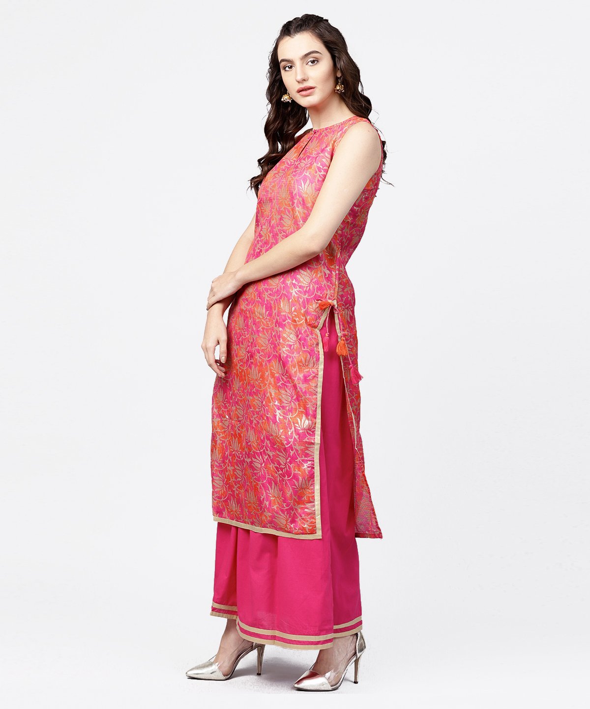 Pink Printed Boat Neck Sleeveless Kurta With A Solid Dye Skirt | LASVINI - Redefining Indian Fashion with Elegance