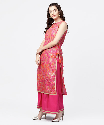 Pink Printed Boat Neck Sleeveless Kurta With A Solid Dye Skirt | LASVINI - Redefining Indian Fashion with Elegance