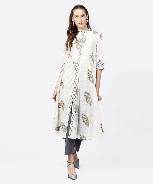 White Printed 3/4Th Sleeve A-Line Kurta With Grey Solid Dye Palazzo | LASVINI - Redefining Indian Fashion with Elegance