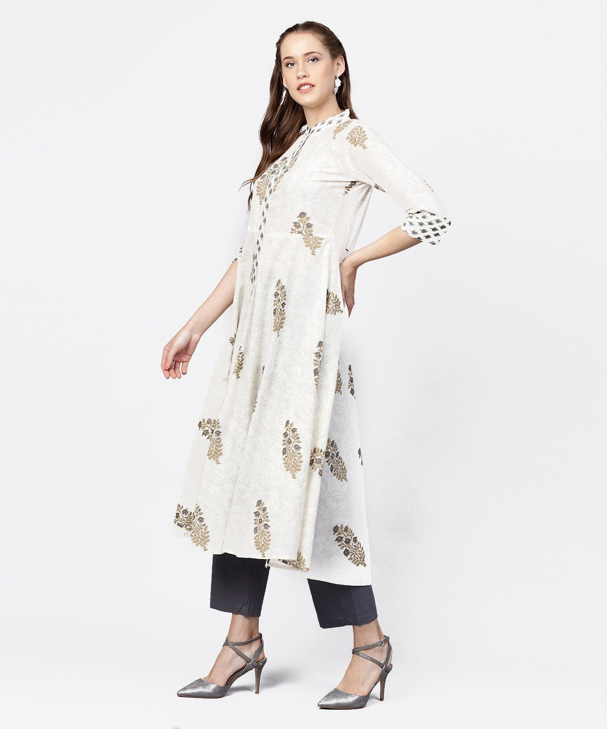 White Printed 3/4Th Sleeve A-Line Kurta With Grey Solid Dye Palazzo | LASVINI - Redefining Indian Fashion with Elegance