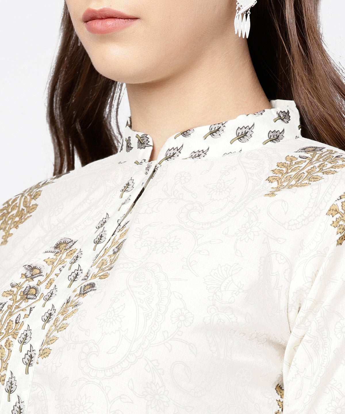 White Printed 3/4Th Sleeve A-Line Kurta With Grey Solid Dye Palazzo | LASVINI - Redefining Indian Fashion with Elegance