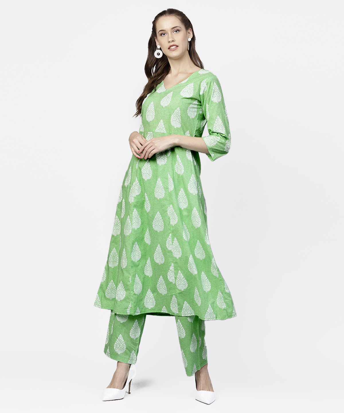 Green Printed 3/4Th Sleeve A-Live Kurta With Printed Palazzo | LASVINI - Redefining Indian Fashion with Elegance
