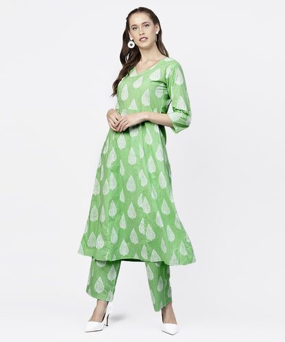 Green Printed 3/4Th Sleeve A-Live Kurta With Printed Palazzo | LASVINI - Redefining Indian Fashion with Elegance