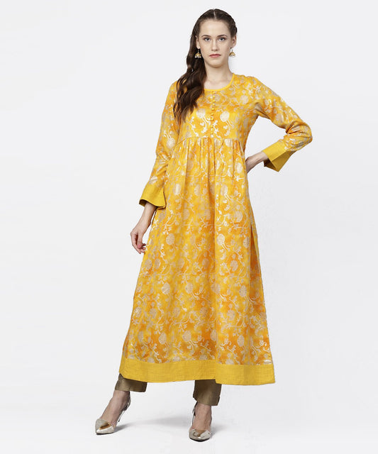 Yellow Banglori Printed Round Neck 3/4Th Sleeve A-Line Maxi Dress | LASVINI - Redefining Indian Fashion with Elegance