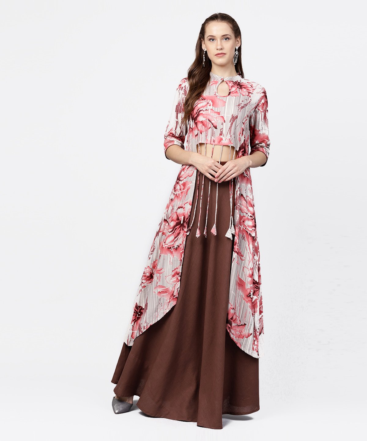 Grey Printed Key Hole 3/4Th Sleeve Front Slit Assymetrical Kurta With Solid Brown Skirt | LASVINI - Redefining Indian Fashion with Elegance