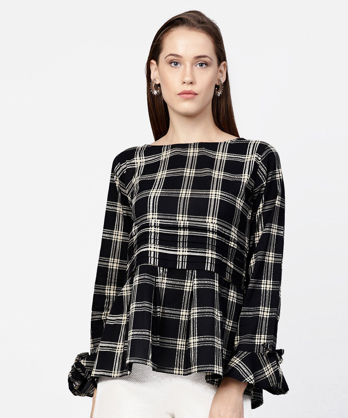 Black Check Peplum Style Tops With Flared Sleeve | LASVINI - Redefining Indian Fashion with Elegance